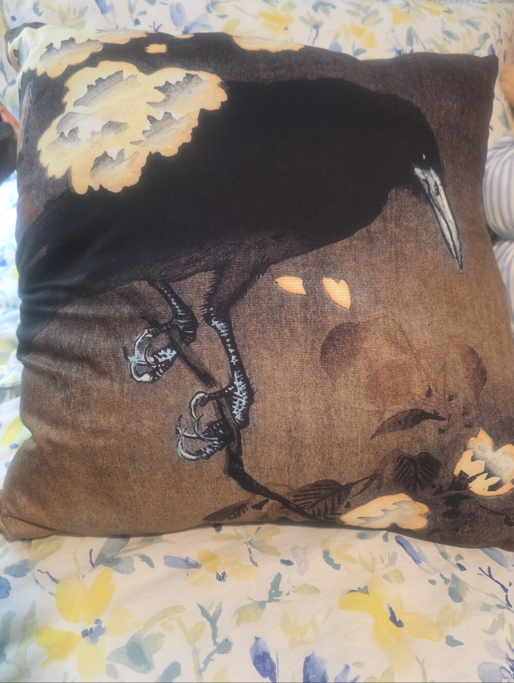 Black Crow Decorative Throw Pillow with Gold Accents. Halloween Decor 17x17 In